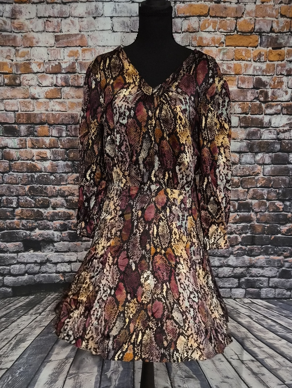 Rebecca Taylor Met Python Silk Dress Burgundy, Mustard & Cream NWT